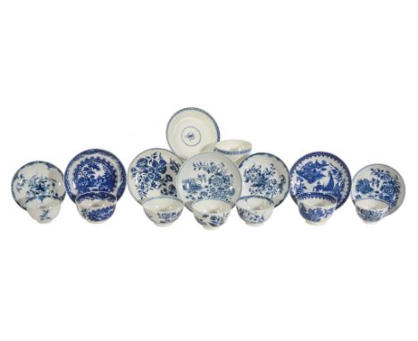 Eight Worcester blue and white tea bowls and saucers Eight Worcester blue and white tea bowls and saucers, printed and painte