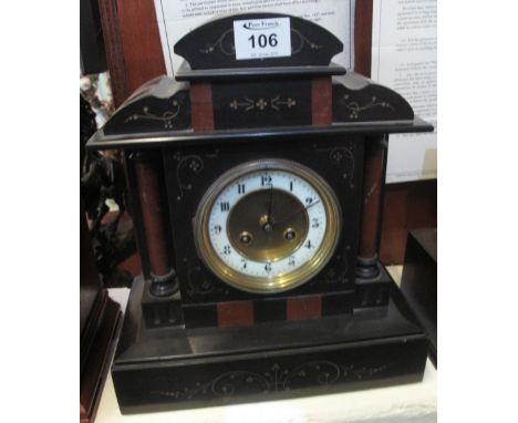 Late Victorian black slate and marble two train architectural mantel clock with ceramic Arabic face, with pendulum striking o