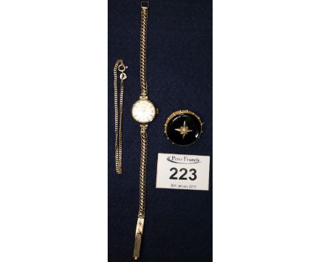 Tissot ladies gold wristwatch with 9ct gold bracelet, small gold wrist chain and a Victorian yellow metal pearl set mourning 