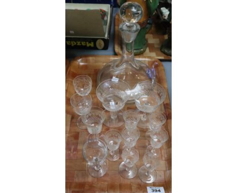 Tray of assorted glass to include: mallet shaped decanter and stopper, together with hobnail and etch cut drinking vessels.(B