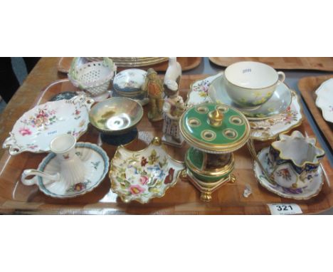 Tray of British and continental pottery and porcelain items to include: a Royal Worcester cabinet cup and saucer with floral 