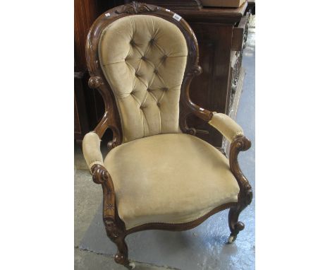 Victorian walnut show frame button back open fireside armchair on cab legs and ceramic casters.(B.P. 24% incl. VAT)