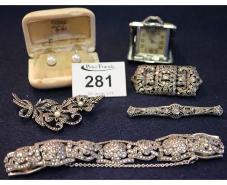 Various costume jewellery to include; three marcasite items, pair of Ciro simulated pearl earrings and a travel clock. (B.P. 