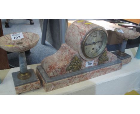 Art deco design veined marble drumhead shaped clock garniture with two pedestal supporters. (3)(B.P. 24% incl. VAT)  