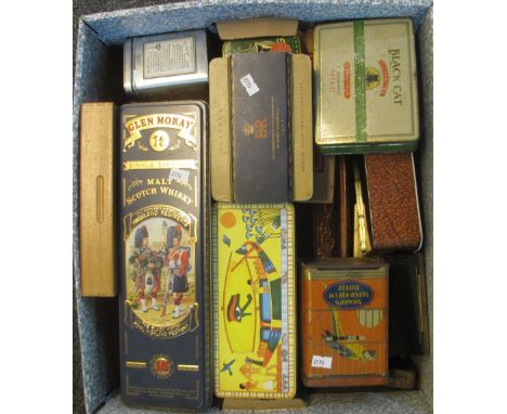 Box of assorted vintage and other tin boxes, malt scotch whisky, Sharp's toffee, cigars etc. (B.P. 24% incl. VAT) 