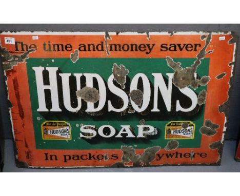 Vintage single sided enamel sign 'Hudson's soap'. 90 x 62cm approx. (B.P. 24% incl. VAT) CONDITION REPORT: Significant losses