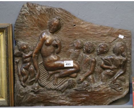 Deeply carved relief panel depicting Venus rising from the shell with cherub and other figures. 46 x 50cm approx. (B.P. 24% i