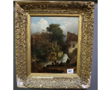 British school (early 19th Century), family group washing clothes near a mill race, oils on mahogany panel, 34 x 30cm approx,