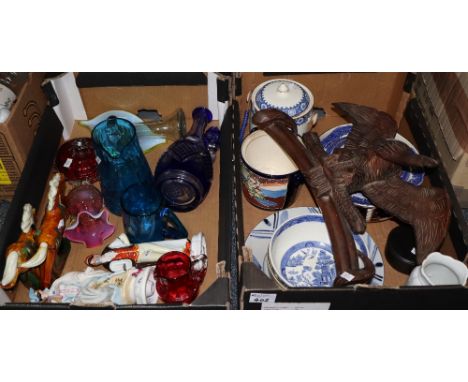 Two boxes of china, glass and other items to include: blue flash cut decanter and stopper, art glass vases, cranberry glass v