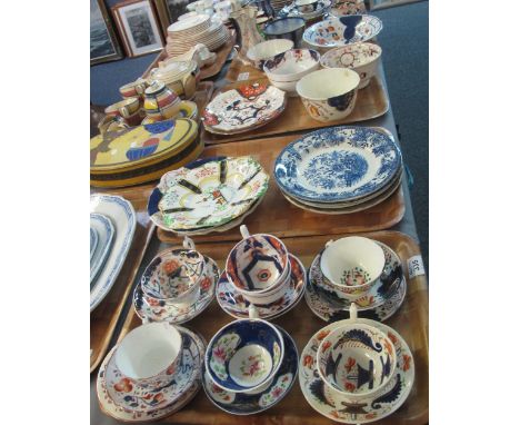 Five trays of 19th Century Welsh and other pottery items to include: various Gaudy Welsh cabinet cups and saucers, trios, bow