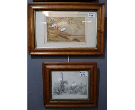 E Lewis, lakeland landscape, signed, watercolours, 12 x 20cm approx, framed and glazed. Together with a monochrome print. (2)