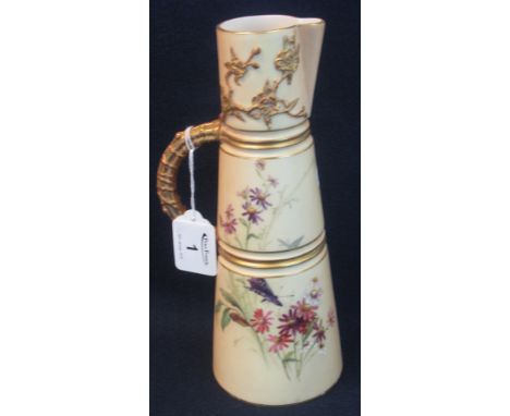 Royal Worcester porcelain blush ivory conical ewer with applied and painted decoration of flowers and insects, with gilded lo