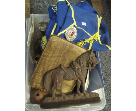 Box of assorted items to include; plated candlestick, cast metal horse doorstop, small wall barometer, metalware etc. (B.P. 2