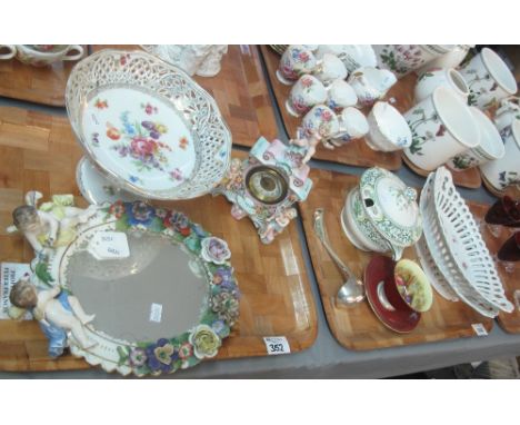 Tray of German porcelain items to include; pierced floral bowls, oval easel mirror with relief floral and cherub decoration, 