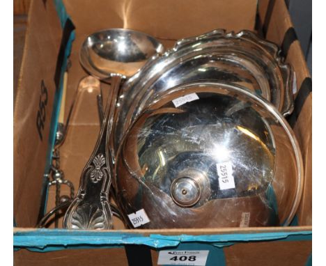 Box of silver plate to include; large ladle, toast rack, muffin dish, tongs etc. (B.P. 24% incl. VAT)