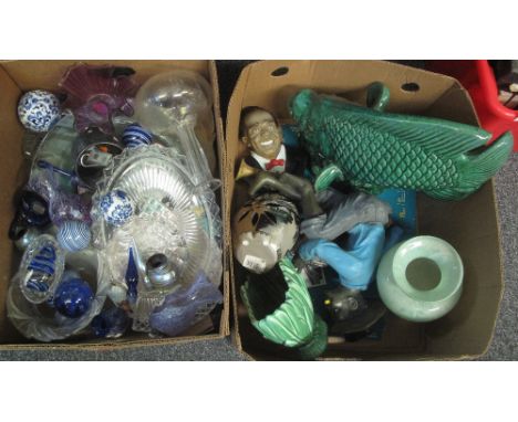 Two boxes of assorted glass, china and other items to include: Caithness vases, art glass vases, decorative china balls, glas