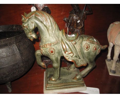 Modern ceramic Chinese style Tang horse on marble base, 50cm high approx.(B.P. 24% incl. VAT)  CONDITION REPORT: The body of 