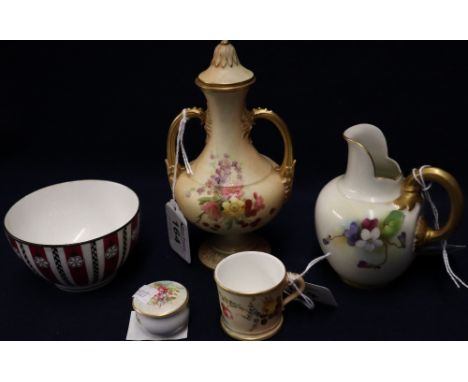 Four small items of Royal Worcester porcelain to include: sugar bowl with vertically striped decoration, miniature straight s