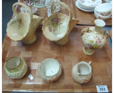 Tray of Royal Worcester blush ivory porcelain items to include: a pair of single handled baskets shape no. 993, baluster two 