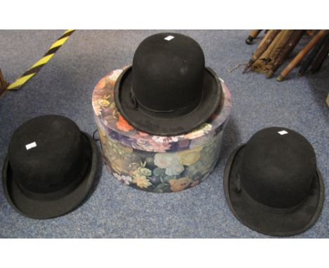 Floral cardboard hatbox containing three vintage bowler hats, one by Ralph Tyler, Orchard St, Neath, Treslyte, one by Dulcis 