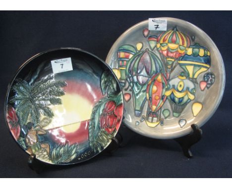 Modern Moorcroft pottery tube lined plate with South Sea Islands decoration. W.M signature and other painted signatures and m