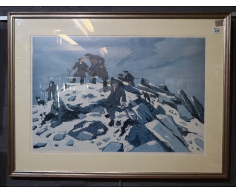 After Sir John Kyffin Williams, farmers on a snowy mountain top, limited edition coloured print, no. 127 of 250, signed in pe