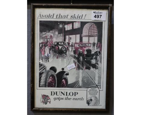 Vintage Dunlop tyres advertisement 1930 'Avoid that skid! Dunlop grips the Earth'. Framed and glazed, 27 x 20cm approx. (B.P.