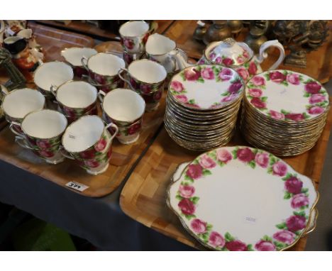 Two trays of Royal Albert bone china old English rose teaware comprising; teacups and saucers, milk jug, sucrier, teapot, pla