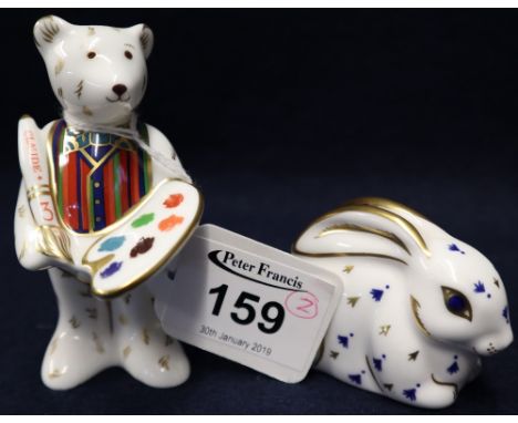 Two Royal Crown Derby bone china paperweight type figures to include: Levert and teddy bear artist Claude 3. Printed marks. (