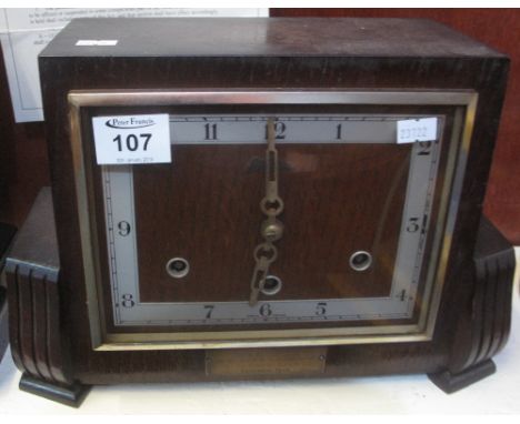 Mid Century oak Art Deco design three train mantle clock, 22cm high.(B.P. 24% incl. VAT)  
