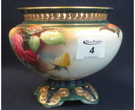 Royal Worcester porcelain rose bowl in Hadley style, painted with roses and foliage on an ivory ground with pierced neck. Pri