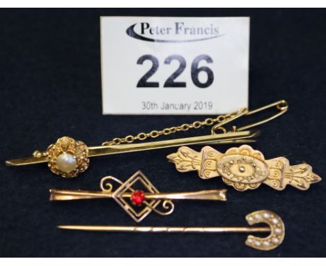 Victorian pearl set pin brooch and three 9ct gold bar brooches. (B.P. 24% incl. VAT)