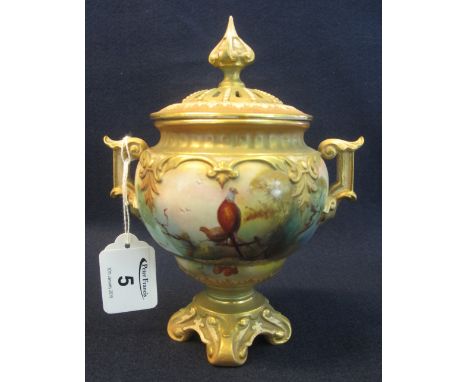 Royal Worcester porcelain two handled urn shaped pot pourri pedestal vase and cover, painted with pheasants amongst foliage. 