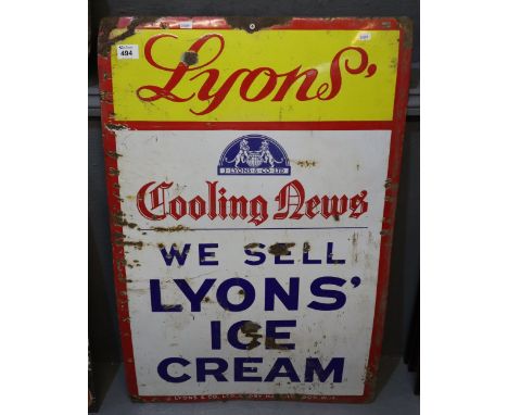 Large single sided vintage enamel sign 'Lyon's cooling muse, we sell Lyon's ice cream'. 88 x 58cm approx. (B.P. 24% incl. VAT