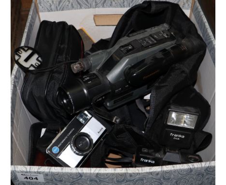 Box of assorted cameras and equipment/accessories, various to include: Kodak instamatic, Franka NX-40, Panasonic camcorder et