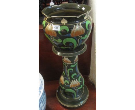 Staffordshire pottery green ground art nouveau design baluster shaped jardiniere on matching stand, unmarked. 78cm high appro