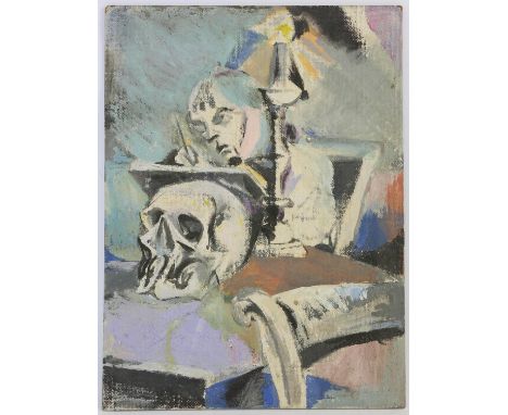 Jonathan Richard Turner, Learning to Draw, Harrow. Portrait of a Woman Drawing a Skull. Oil on board, 1970. Signed, titled an