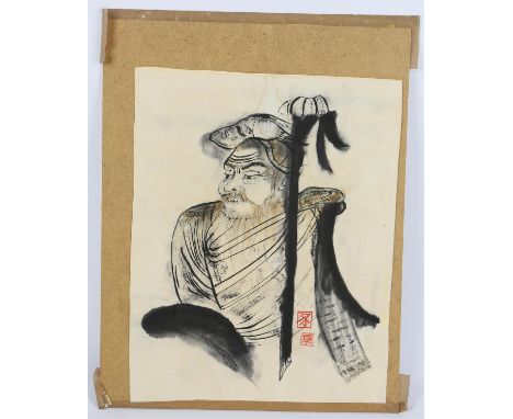 Japanese School. Portrait of a Samurai Warrior.  Inks on fine paper, laid to card. 30 x 24cm. 