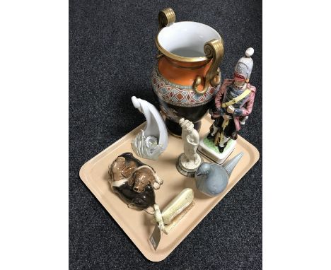 A tray containing ceramic animal figures, china decanter of an 18th century soldier, early 20th century transfer printed vase