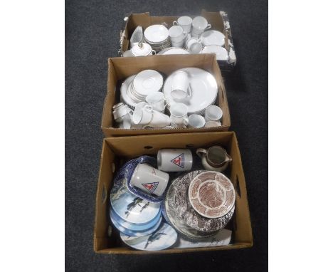 Three boxes containing continental white and gilt tea and dinner service, RAF collector's plates, antique blue and white will