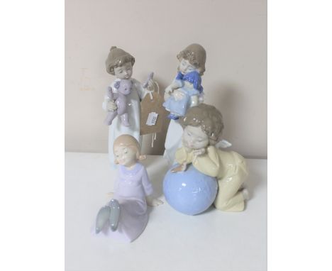 Four Nao figures; girl and boy in night dress, seated girl and cherub resting on a globe