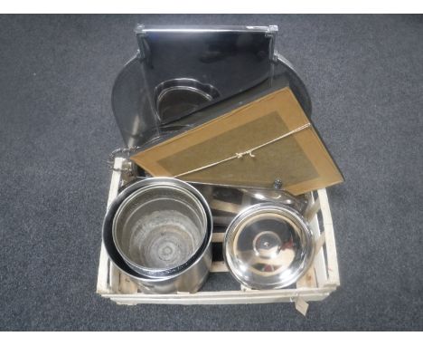 A crate of stainless steel bread bin, plated twin handled tray, Art Deco fire screen etc 