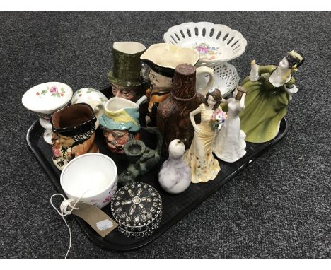 A tray of three Royal Doulton figures, Victorian teacup, Crown Staffordshire pagoda vase, character jugs, hip flask etc 