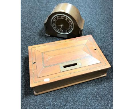 A Victorian inlaid suggestion box (locked) together with an oak cased Art Deco mantel clock