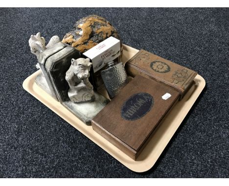 A tray containing a pair of pottery gargoyle bookends, polished piece of burr walnut, Famous Grouse triple pack whisky miniat