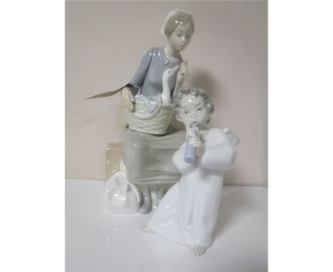 A Lladro figure of an angel together with a Nao figure of a seated lady with duck in basket 