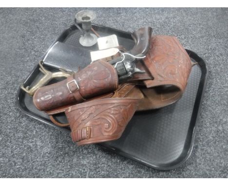 A tray of reproduction revolver in leather holster together with a pewter candlestick, a hip flask and  a bronze figure of a 