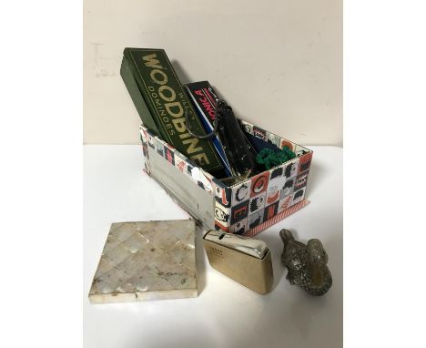 A box containing miscellany to include Salter pocket balance scales mother of pearl inlaid card case (a/f), harmonica, Robert