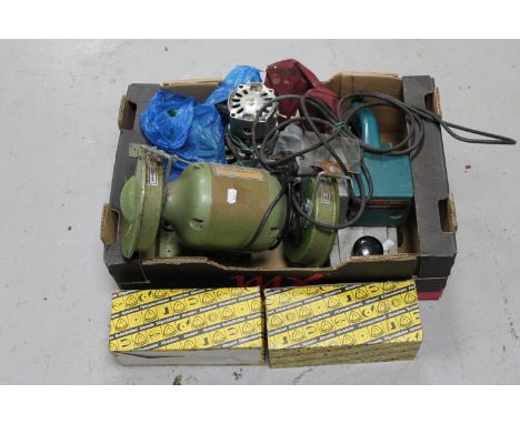 A box containing power tools including Black &amp; Decker jigsaw, Wolf belt sander with pads, router together with an Multico
