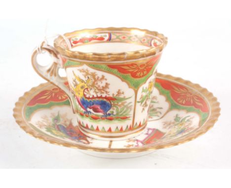 A colourful Chamberlain &amp; Co Worcester Porcelain CABINET CUP and SAUCER&nbsp;with moulded gilt edge borders enclosing dra